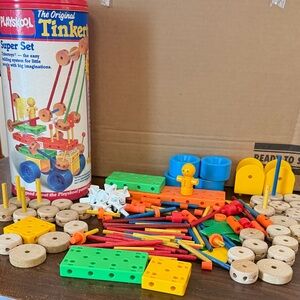 The Original Tinkertoy Super Set Vintage Playskool Canister & 142 Pieces